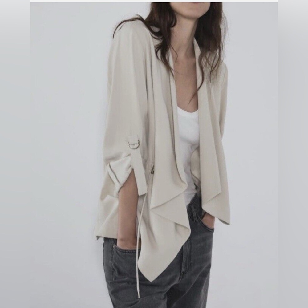 ZARA - Flowy Jacket Drawstring Blazer Waterfall Hem in Sand Tan